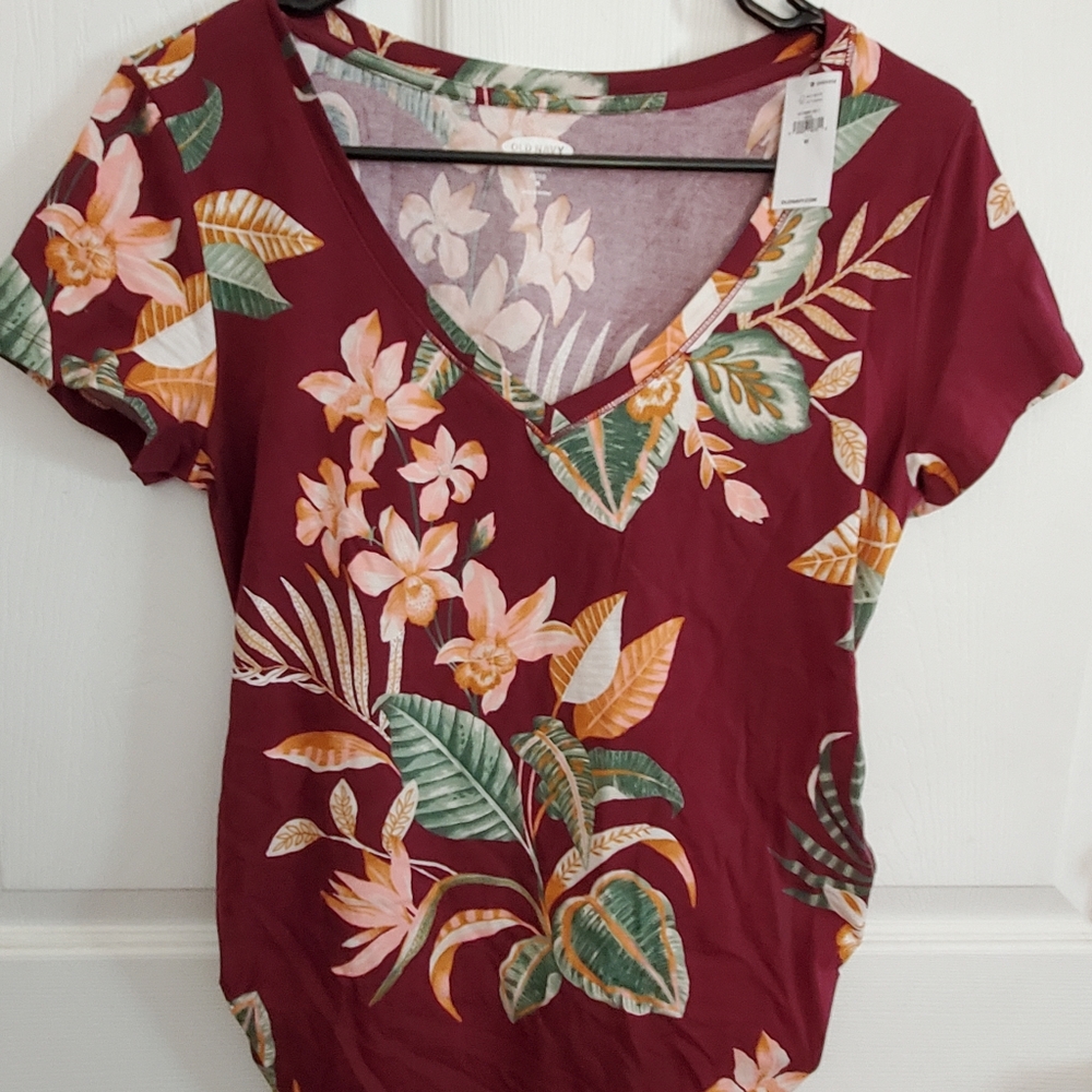 Maternity Top Maroon Floral Short Sleeve